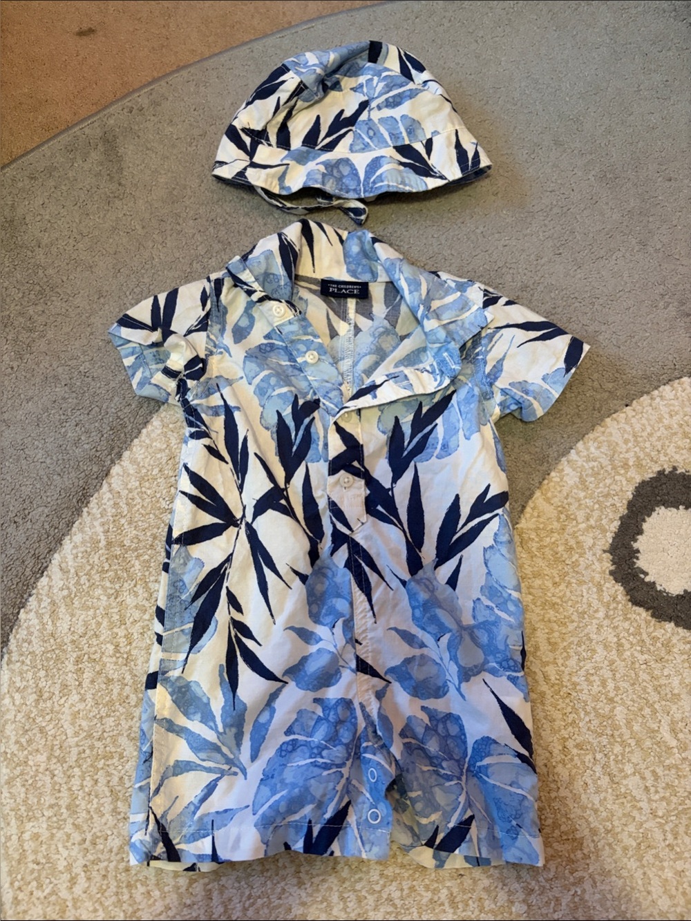 The Children's Place Blue and Navy Floral Baby Romper with Hat